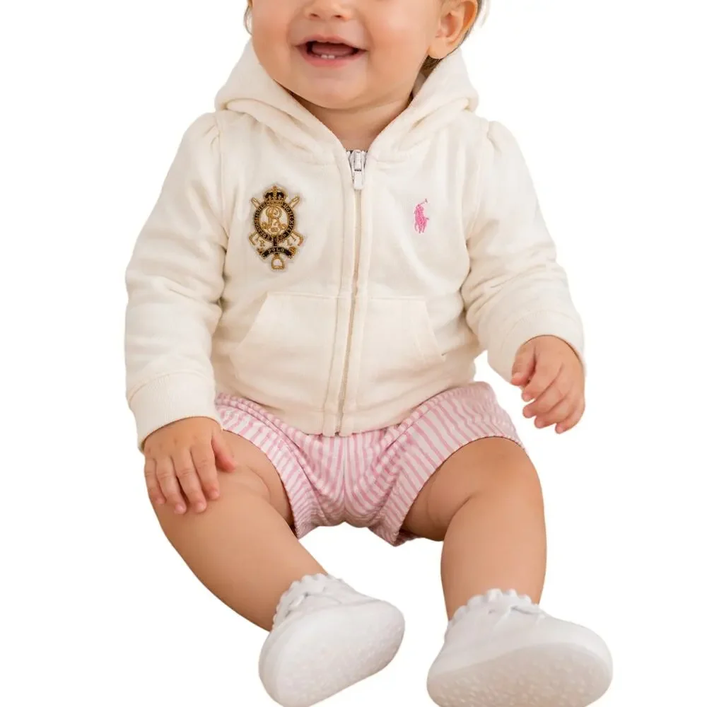 Ralph Lauren Baby Girls Cream Crest Zip Hoodie 12M Preppy Quiet Luxury